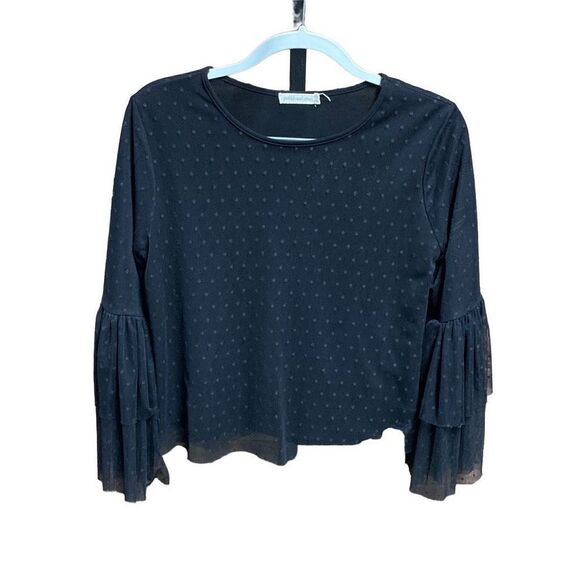 Pebble And Stone Black Crop Sheer Dotted Ruffle Bell Sleeve Top Size Large - Picture 1 of 7